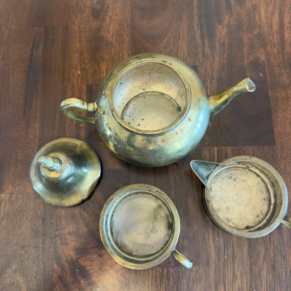 Vintage Brass Stacking Tea Set 4 Piece Teapot Creamer Sugar Bell Lid India Style
